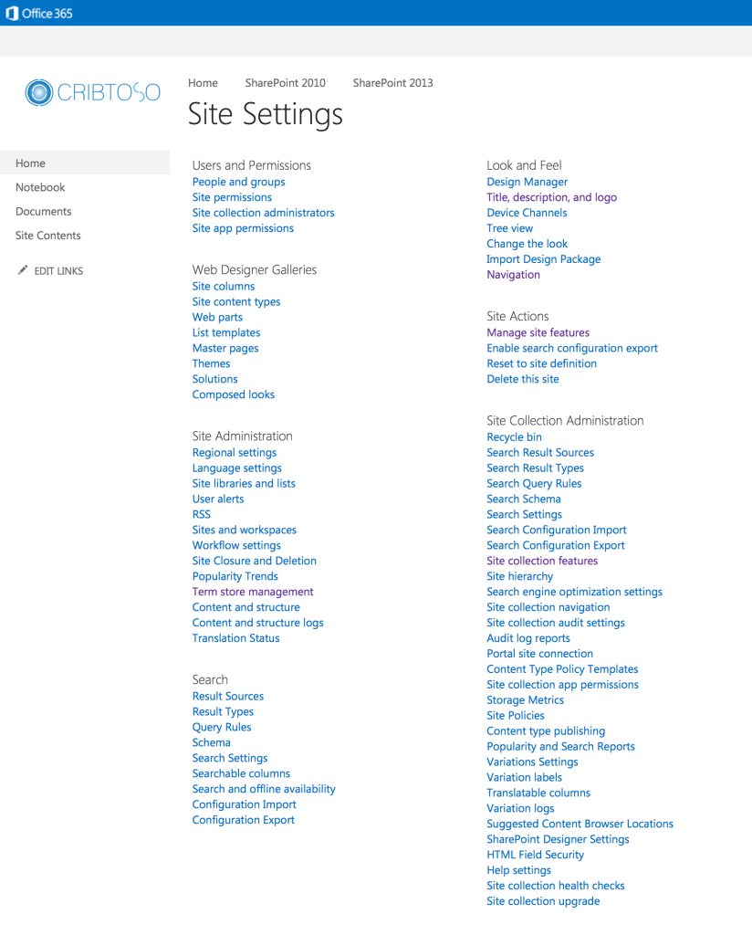 Cribtoso Office 365 Intranet Site Settings